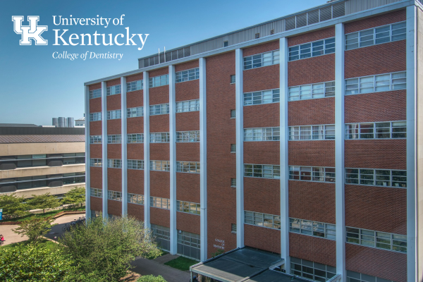 Exterior of College of Dentistry building with the College of Dentistry logo added in the top right corner of the photo.