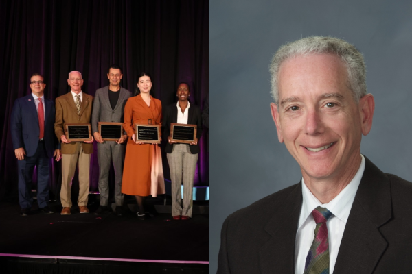 The image shows two photos side by side. On the left, a group of award recipients stands on stage holding plaques, dressed in formal attire against a dark curtain backdrop. On the right, a man in a suit smiles at the camera in a professional headshot against a gray background.