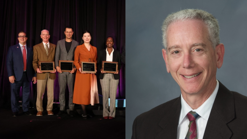 The image shows two photos side by side. On the left, a group of award recipients stands on stage holding plaques, dressed in formal attire against a dark curtain backdrop. On the right, a man in a suit smiles at the camera in a professional headshot against a gray background.