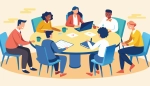Illustration of a group of people sitting around a round table in a meeting. They are talking, writing, and using a laptop, with papers and coffee cups on the table.