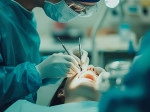 Oral surgeon operating on a patient's mouth.