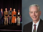 The image shows two photos side by side. On the left, a group of award recipients stands on stage holding plaques, dressed in formal attire against a dark curtain backdrop. On the right, a man in a suit smiles at the camera in a professional headshot against a gray background.