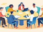 Illustration of a group of people sitting around a round table in a meeting. They are talking, writing, and using a laptop, with papers and coffee cups on the table.